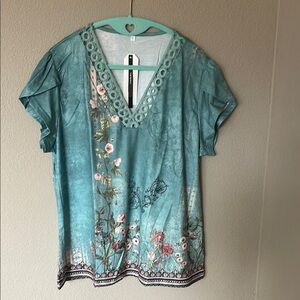 Green and White Graphic Embellished Blouse